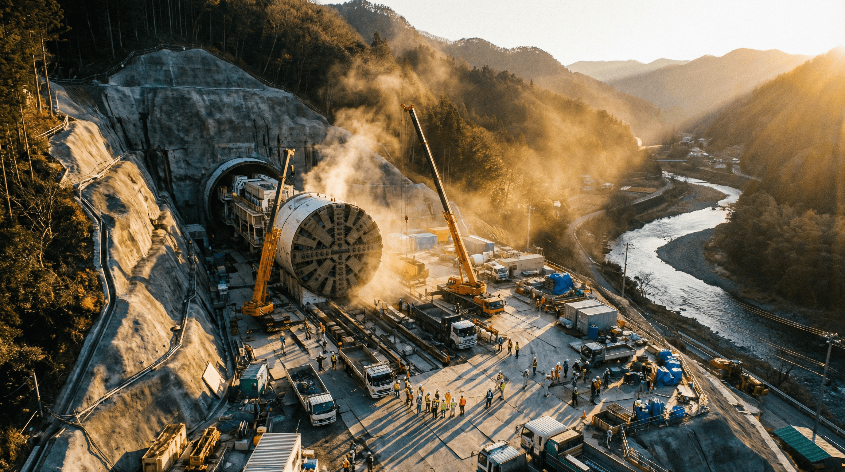 大規模なトンネル掘削現場の遠景