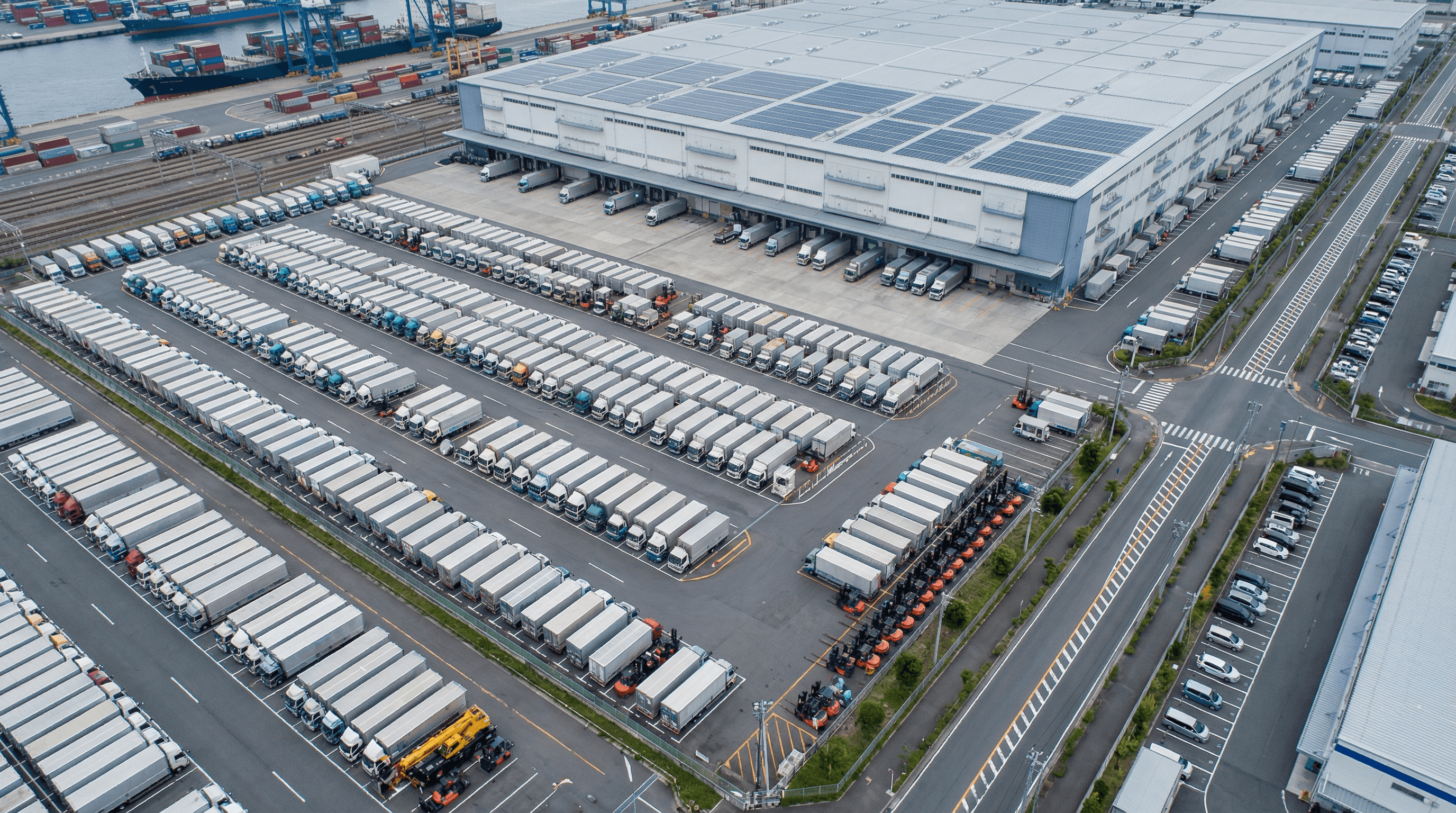 大型物流倉庫で行き交うトラックの俯瞰