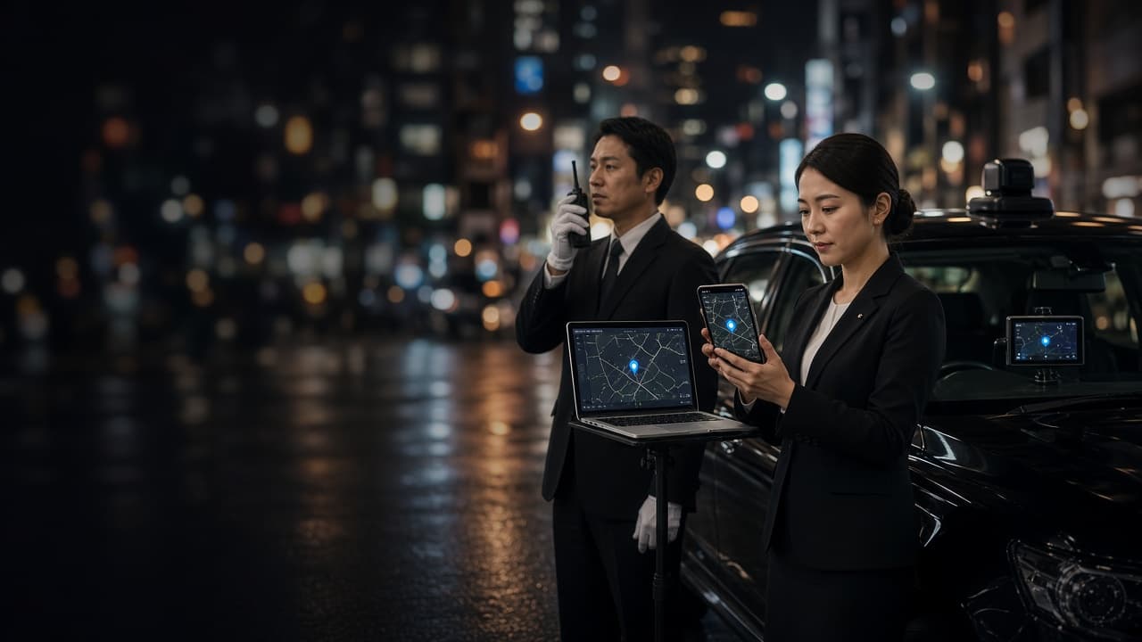 車載型・ハンディ型IP無線機を使う運転代行の運転手と、事務所のPC・スマホで車両位置を確認するスタッフ